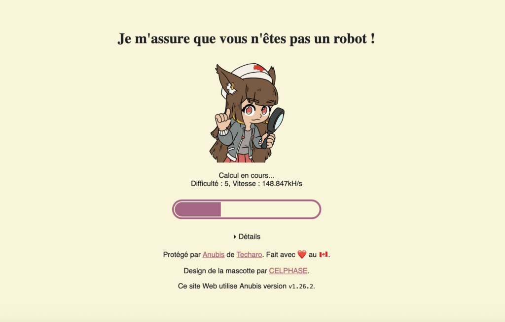 Face à cette vague, kernel.org a déployé Anubis, un système qui impose à chaque visiteur suspect de résoudre un petit calcul avant d'accéder au site. Efficace plusieurs mois, la parade s'est érodée à mesure que les robots apprenaient, eux aussi, à résoudre ces calculs. // Source : Capture d'écran Numerama