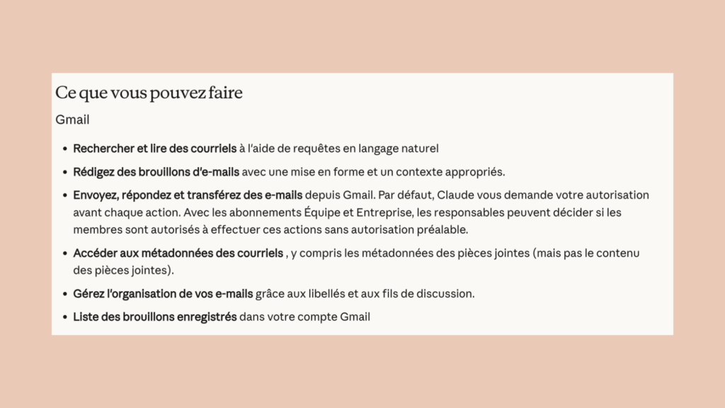 Ce que vous pouvez faire avec Claude et Gmail // Source : Anthropic