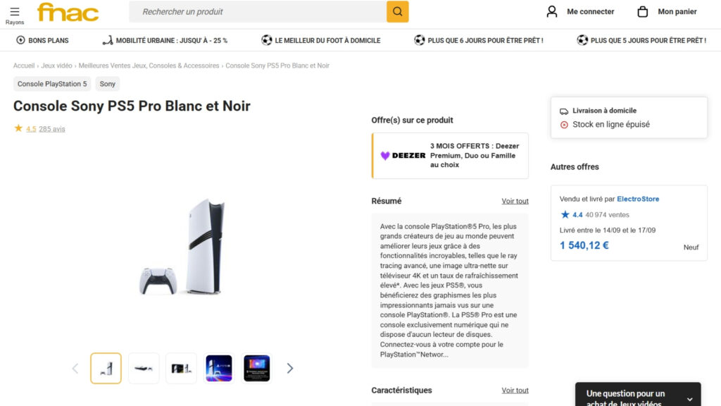 La PS5 Pro est affiché à 1 540 € sur la marketplace de Fnac