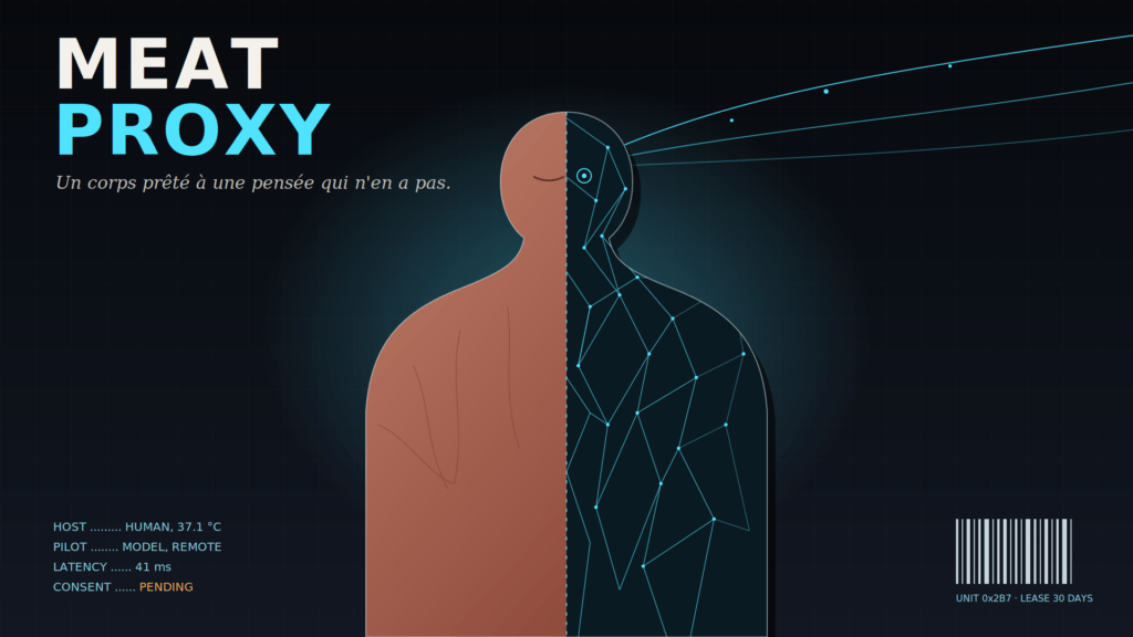 Le « meat proxy » vu par Claude (prompt : « génère moi une image de ta vision d'un "meat proxy", 1920 x 1080, tu as carte blanche ») // Source : Numerama Le « meat proxy » vu par Claude (prompt : « génère moi une image de ta vision d'un "meat proxy", 1920 x 1080, tu as carte blanche ») // Source : Numerama