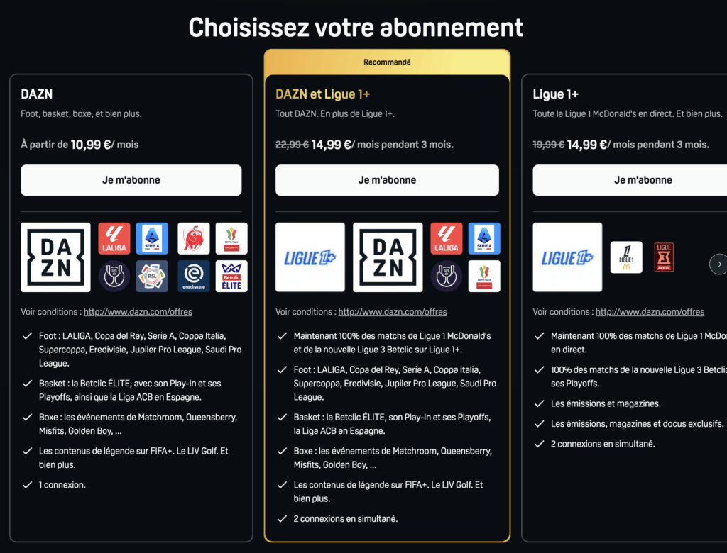 DAZN fusionne ses propres droits avec ceux de Ligue 1+ dans une offre très compétitive. DAZN fusionne ses propres droits avec ceux de Ligue 1+ dans une offre très compétitive.