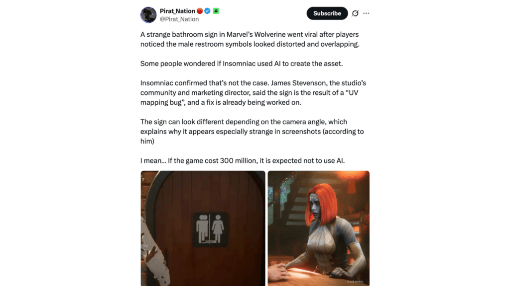 Le tweet souligne que ce pictogramme dans Marvel's Wolverine ressemble à de l'IA. // Source : @Pirat_Nation