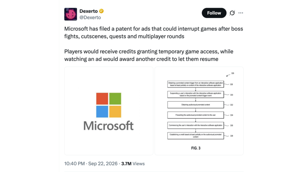 Microsoft a déposé un brevet le 3 septembre 2026.  // Source : @Dexerto sur X