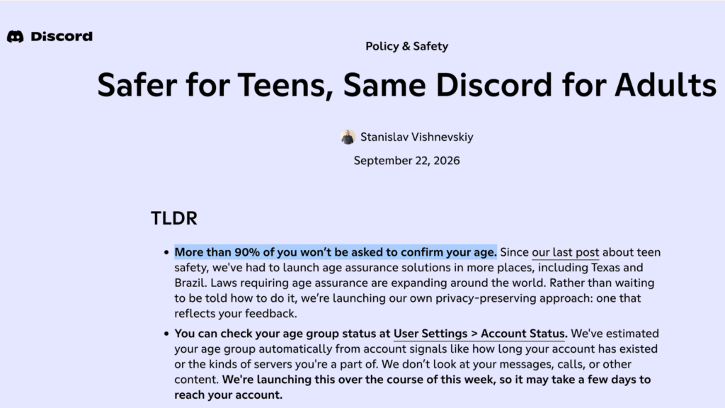 Le billet de blog publié par Discord le 22 septembre 2026. // Source : Discord Le billet de blog publié par Discord le 22 septembre 2026. // Source : Discord