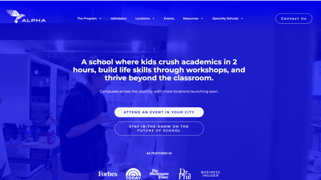 Le site web de Alpha School. // Source : Alpha School Le site web de Alpha School. // Source : Alpha School