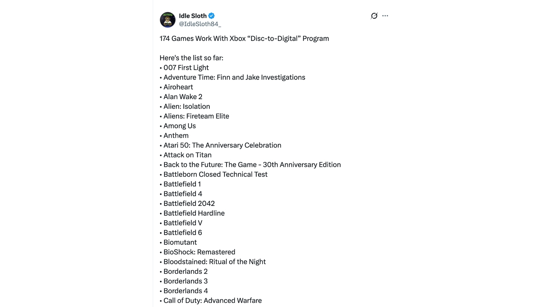 L'utilisateur a publié une liste de 174 jeux compatibles // Source : @IdleSloth84_ L'utilisateur a publié une liste de 174 jeux compatibles // Source : @IdleSloth84_