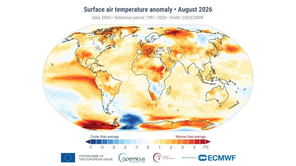 Anomalie de la température de l'air du mois d'août 2026 par rapport à la moyenne du mois d'août sur la période 1991-2020. // Source : C3S/ECMWF