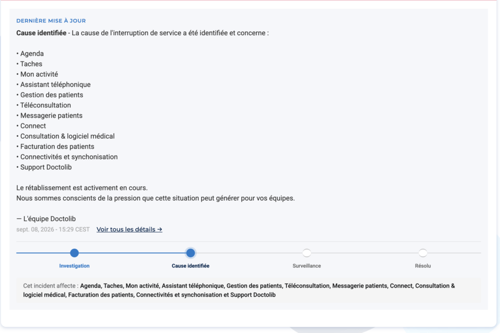 Page de statut Doctolib // Source : Capture d'écran Numerama Page de statut Doctolib // Source : Capture d'écran Numerama