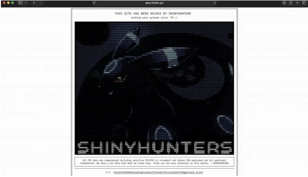 Pour appuyer ses dires, il a transmis au Register une capture d'écran du site défiguré, sur lequel une bannière et une image annonçaient : « Ce site a été saisi par ShinyHunters ». // Source : The Register Pour appuyer ses dires, il a transmis au Register une capture d'écran du site défiguré, sur lequel une bannière et une image annonçaient : « Ce site a été saisi par ShinyHunters ». // Source : The Register