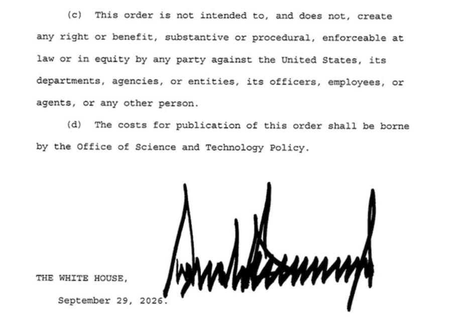 Signature de Donald Trump actant le passage à l'emploi de « Superintelligence » pour l'administration américaine // Source : Truth Social