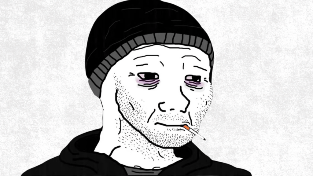 Doomer" vient de l'anglais doom (la ruine, la catastrophe) et désignait en premier lieu, dans la culture meme, un personnage Wojak nihiliste apparu sur 4chan en 2018. // Source : Montage Numerama Doomer" vient de l'anglais doom (la ruine, la catastrophe) et désignait en premier lieu, dans la culture meme, un personnage Wojak nihiliste apparu sur 4chan en 2018. // Source : Montage Numerama