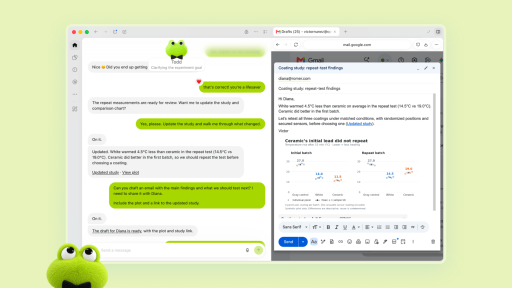 L'interface de Dots sur le web, avec la conversation à gauche et le navigateur à droite. L'interface de Dots sur le web, avec la conversation à gauche et le navigateur à droite.