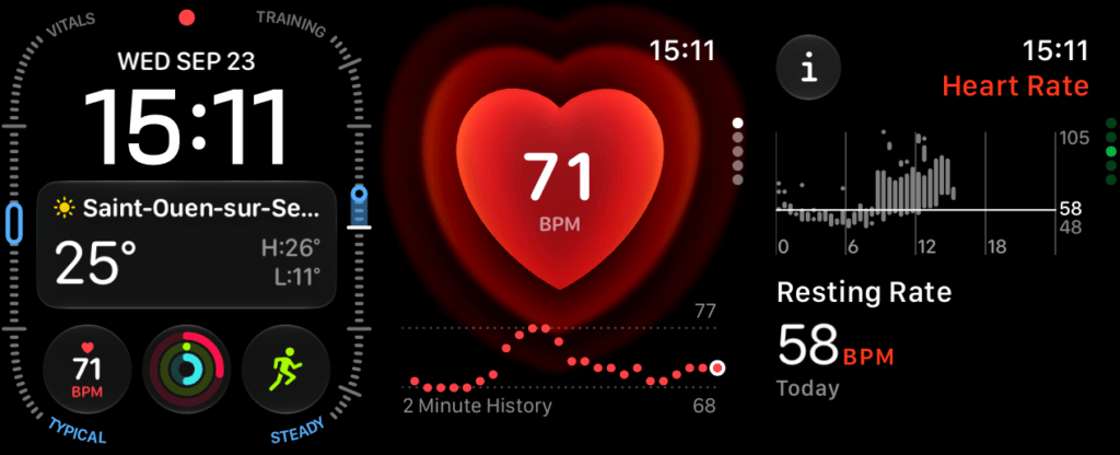 Le suivi dy rythme cardiaque est parfaitement intégré à watchOS. Le suivi dy rythme cardiaque est parfaitement intégré à watchOS.