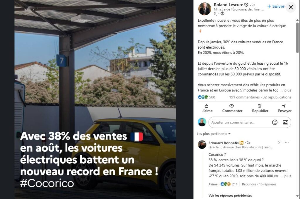 Roland Lescure qui se félicite des résultats de l'électrique // Source : Capture Linkedin Roland Lescure qui se félicite des résultats de l'électrique // Source : Capture Linkedin