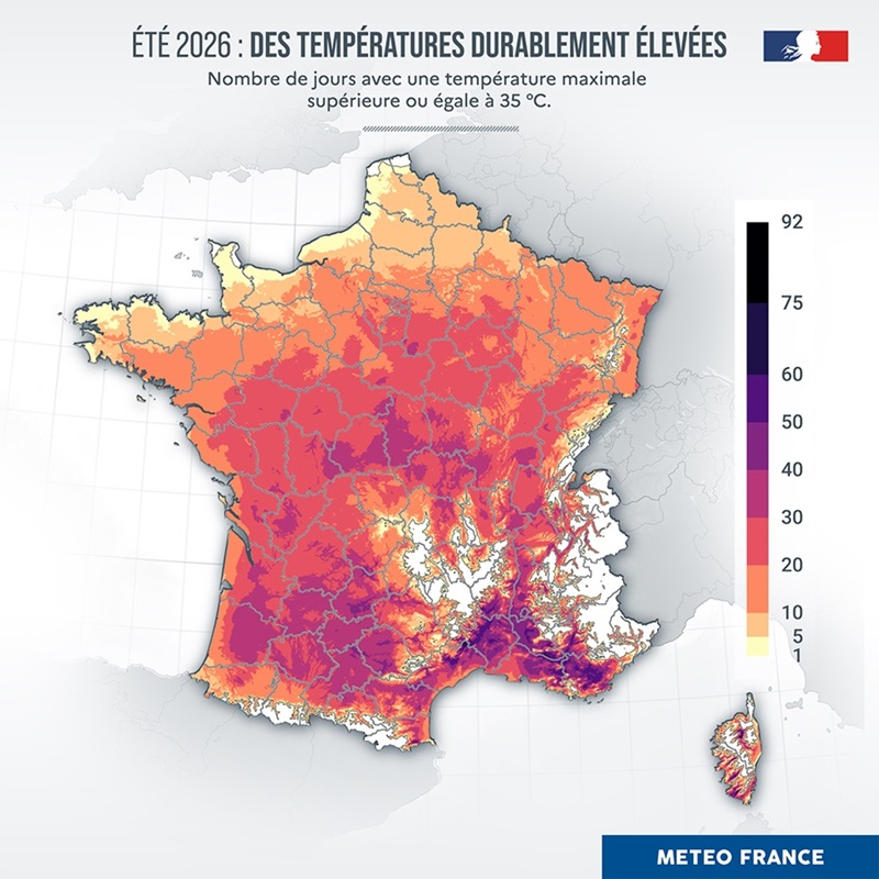 Nombre de jours où la température maximale a été d'au moins 35 °C cet été. // Source : Météo-France Nombre de jours où la température maximale a été d'au moins 35 °C cet été. // Source : Météo-France