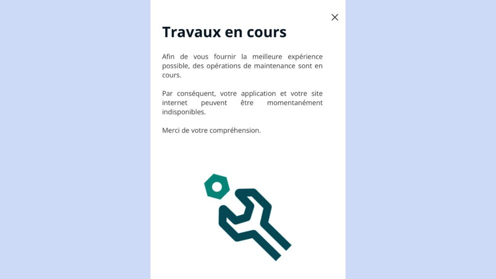 Message affiché ce dimanche sur l'app du Crédit Agricole lorsque nous avons tenté de nous connecter. // Source : Capture d'écran Numerama