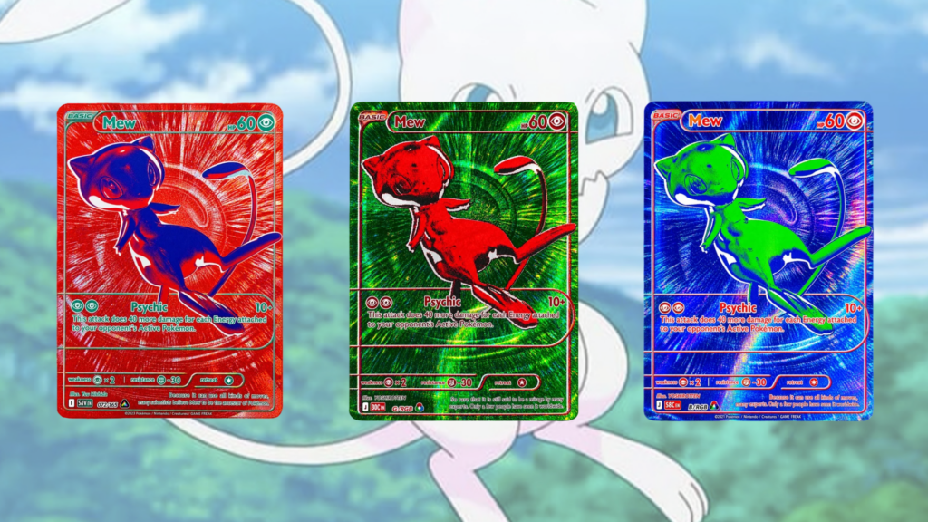 Les trois cartes Mew RVB // Source : The Pokémon Company