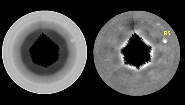 Le décagone s'est formé au pôle sud de Saturne. Source : Hubble/ESA/NASA Le décagone s'est formé au pôle sud de Saturne. Source : Hubble/ESA/NASA