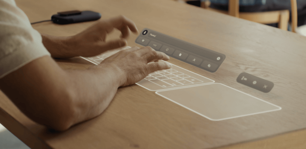 Un aperçu du faux clavier/trackpad que peut projeter le Meta VR Glasses. // Source : Meta Un aperçu du faux clavier/trackpad que peut projeter le Meta VR Glasses. // Source : Meta
