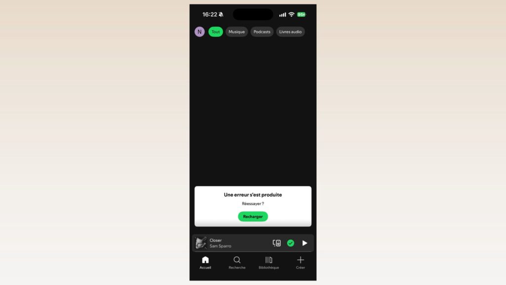 L'application Spotify en panne dans l'après-midi du 29 septembre 2026. // Source : Capture d'écran Numerama
