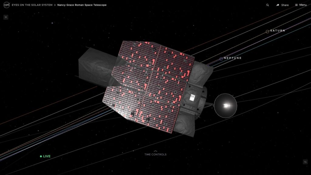 Représentation du télescope Roman dans l'espace. // Source : Capture d'écran Nasa Eyes on the Solar System Représentation du télescope Roman dans l'espace. // Source : Capture d'écran Nasa Eyes on the Solar System