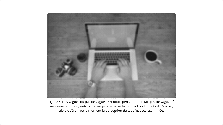 Des vagues ou pas de vagues ? Si notre perception ne fait pas de vagues, à un moment donné, notre cerveau perçoit aussi bien tous les éléments de l’image, alors qu’à un autre moment la perception de tout l’espace est limitée. // Source : Camille Fakche / Laura Dugué Des vagues ou pas de vagues ? Si notre perception ne fait pas de vagues, à un moment donné, notre cerveau perçoit aussi bien tous les éléments de l’image, alors qu’à un autre moment la perception de tout l’espace est limitée. // Source : Camille Fakche / Laura Dugué