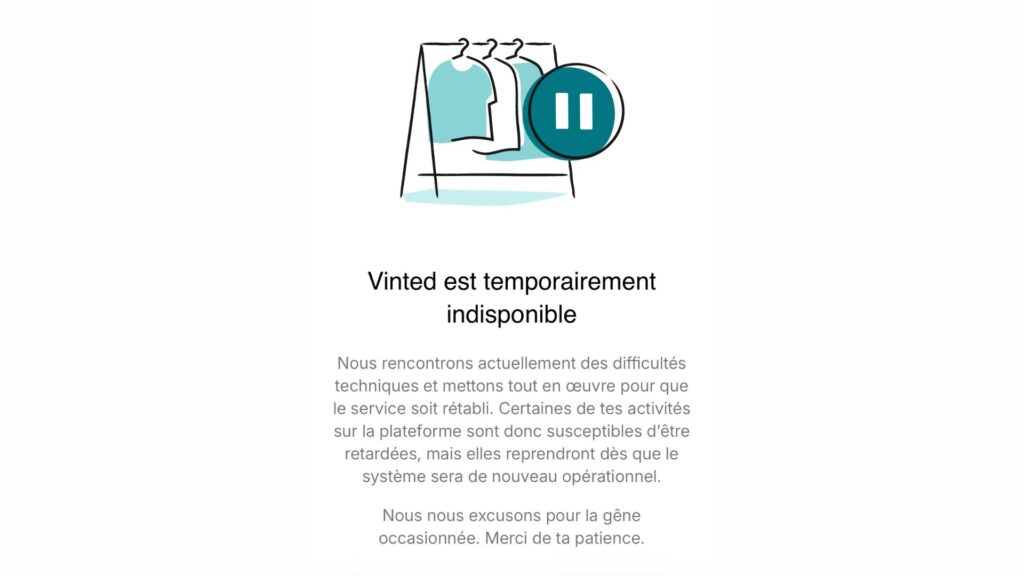 Le message d'erreur sur l'application Vinted ce 8 septembre 2026. // Source : Capture d'écran Vinted par Numerama