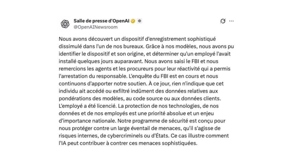 OpenAI dit avoir découvert « un dispositif d'enregistrement sophistiqué dissimulé » dans l'un de ses bureaux // Source : OpenAI