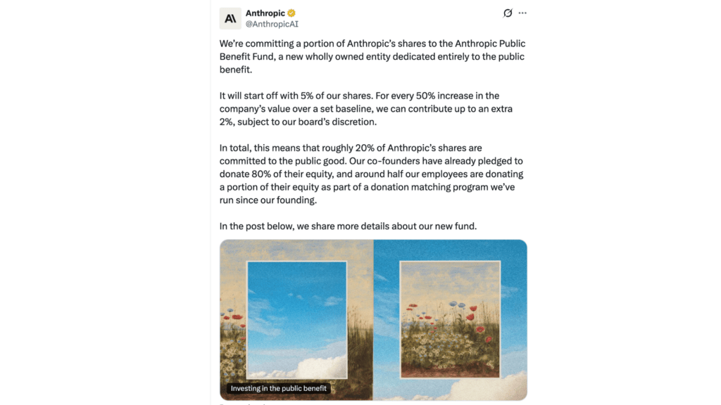Anthropic a publié un billet de blog intitulé « Investir dans le bien public » le 18 octobre 2026 // Source : Anthropic Anthropic a publié un billet de blog intitulé « Investir dans le bien public » le 18 octobre 2026 // Source : Anthropic