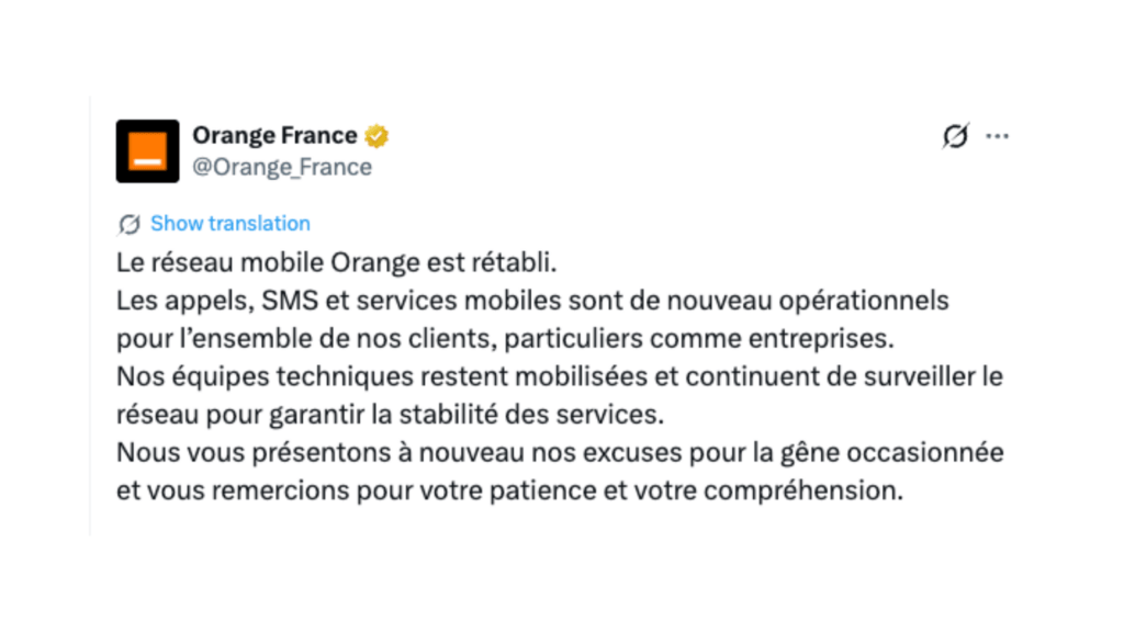 Dans la soirée du 21 octobre, Orange a confirmé le rétablissement de ses services. // Source : Capture d'écran Numerama Dans la soirée du 21 octobre, Orange a confirmé le rétablissement de ses services. // Source : Capture d'écran Numerama