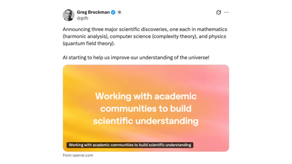 OpenAI a annoncé plusieurs découvertes scientifiques le 26 octobre 2026. // Source : Greg Brocklman sur X OpenAI a annoncé plusieurs découvertes scientifiques le 26 octobre 2026. // Source : Greg Brocklman sur X