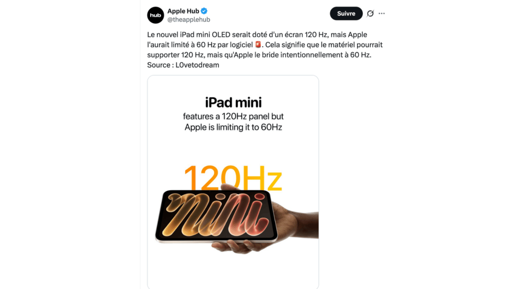 Sur X, plusieurs messages affirment que l'écran aurait été bridé à 60Hz. // Source : @theapplehub Sur X, plusieurs messages affirment que l'écran aurait été bridé à 60Hz. // Source : @theapplehub