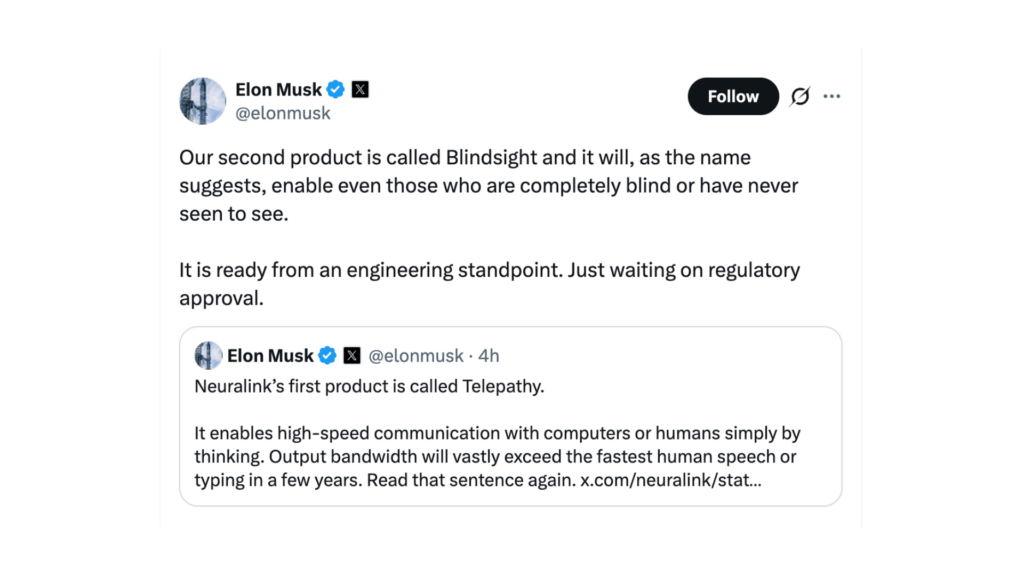 Elon Musk affirme que Blindsight est « prêt sur le plan technique » et attend une autorisation réglementaire. // Source : Elon Musk sur X Elon Musk affirme que Blindsight est « prêt sur le plan technique » et attend une autorisation réglementaire. // Source : Elon Musk sur X