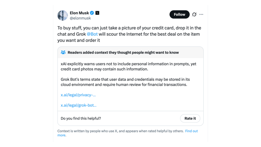Elon Musk explique qu'il suffit de photographier sa carte bancaire (et il y a une note de la communauté juste en dessous) // Source : Elon Musk sur X