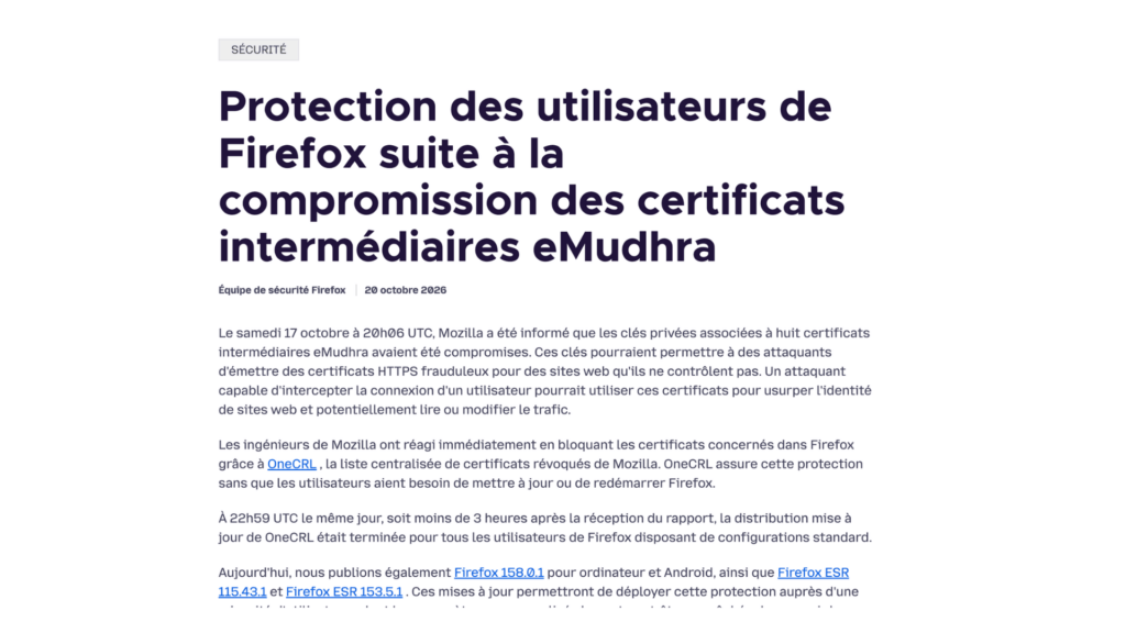 Mozilla a publié un communiqué après l'incident. // Source : Mozilla Mozilla a publié un communiqué après l'incident. // Source : Mozilla