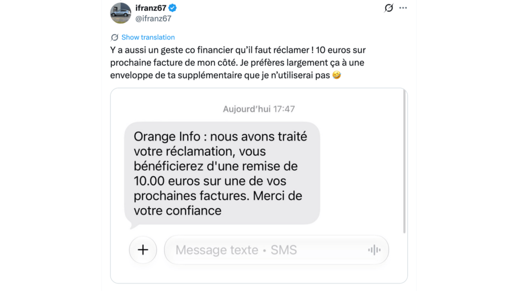 L'utilisateur @ifranz67 affirme avoir pu récupérer 10 euros à la suite de la panne Orange. // Source : @ifranz67 L'utilisateur @ifranz67 affirme avoir pu récupérer 10 euros à la suite de la panne Orange. // Source : @ifranz67