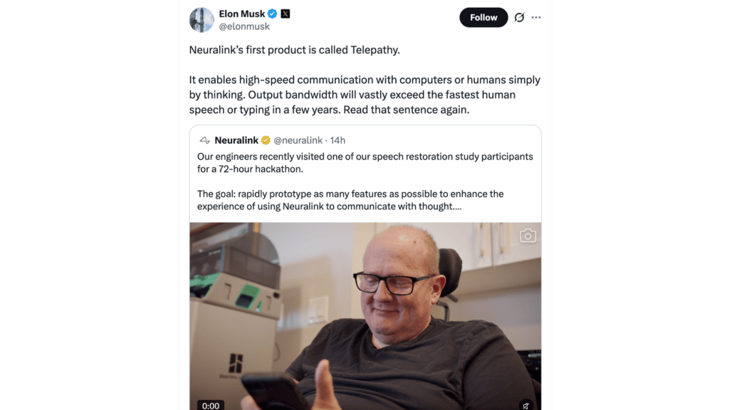 « La bande passante de sortie dépassera largement la vitesse de la parole ou de la frappe humaine la plus rapide d'ici quelques années », assure Elon Musk. // Source : Elon Musk sur X « La bande passante de sortie dépassera largement la vitesse de la parole ou de la frappe humaine la plus rapide d'ici quelques années », assure Elon Musk. // Source : Elon Musk sur X