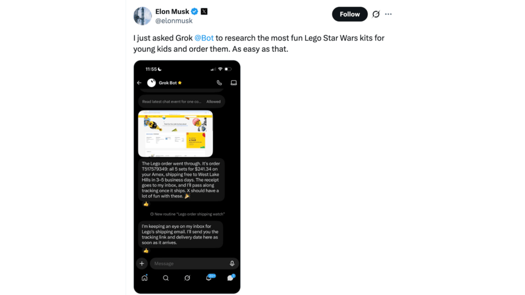Elon Musk affirme avoir demandé à Grok Bot de chercher les coffrets Lego Star Wars // Source : Elon Musk 