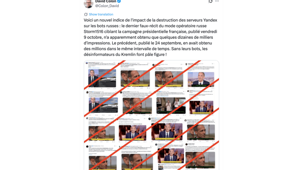 David Colon prend comme exemple le dernier faux-récit du mode opératoire russe Storm1516 ciblant la campagne présidentielle française // Source : @Colon_David David Colon prend comme exemple le dernier faux-récit du mode opératoire russe Storm1516 ciblant la campagne présidentielle française // Source : @Colon_David
