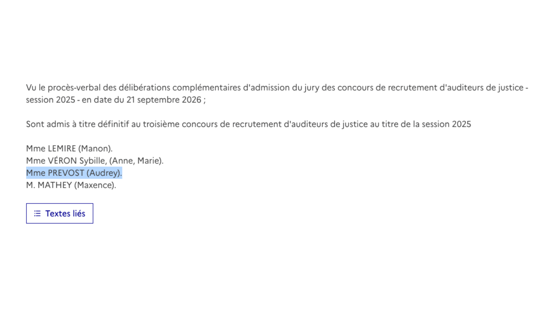 Le document confirme la réussite d'Audrey Prevost. // Source : Legifrance