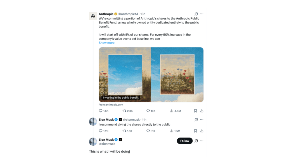 Elon Musk a répondu à la publication d'Anthropic // Source : Elon Musk sur X / Capture d'écran Numerama Elon Musk a répondu à la publication d'Anthropic // Source : Elon Musk sur X / Capture d'écran Numerama