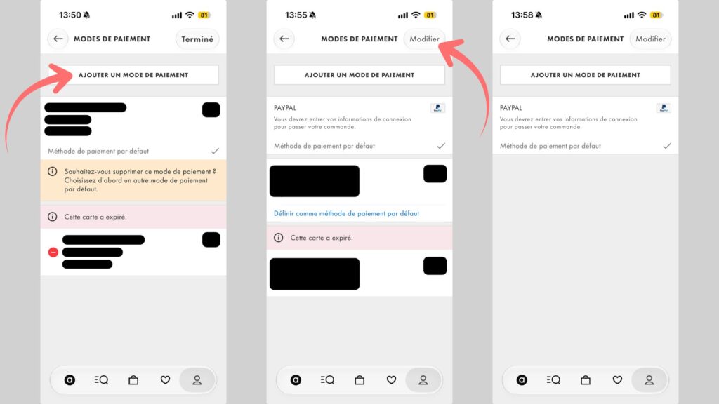 Les étapes pour supprimer sa carte bancaire de l'app ASOS. // Source : Captures d'écran Numerama dans l'app ASOS sur iOS Les étapes pour supprimer sa carte bancaire de l'app ASOS. // Source : Captures d'écran Numerama dans l'app ASOS sur iOS