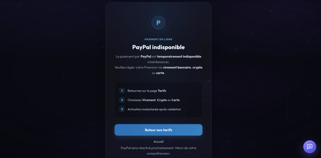 Le paiement par PayPal, qui évite de transmettre ses coordonnées bancaires au site, était indisponible lors de nos tests. // Source : Capture d'écran Numerama Le paiement par PayPal, qui évite de transmettre ses coordonnées bancaires au site, était indisponible lors de nos tests. // Source : Capture d'écran Numerama
