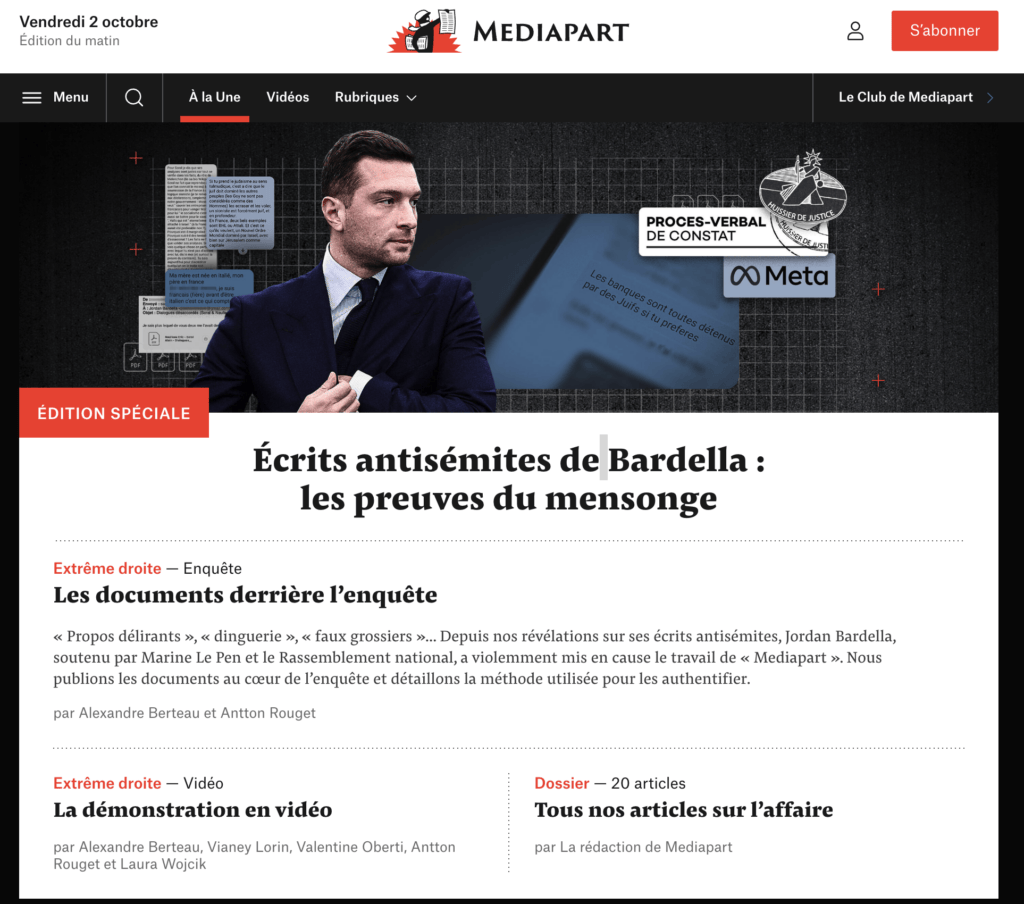 La une de Mediapart le 2 octobre, avec plusieurs articles qui révèlent la méthode employée. La une de Mediapart le 2 octobre, avec plusieurs articles qui révèlent la méthode employée.