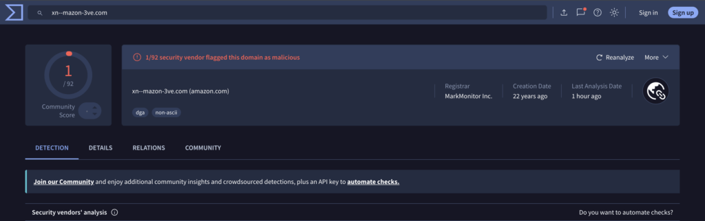 Score de confiance du site piégé sur VirusTotal // Source : VirusTotal Score de confiance du site piégé sur VirusTotal // Source : VirusTotal