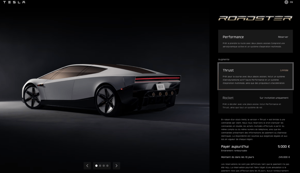 La page de réservation du modèle Roadster sur le site de Tesla La page de réservation du modèle Roadster sur le site de Tesla