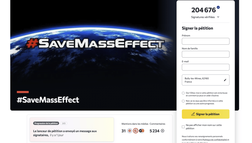 Pétition pour sauver Mass Effect // Source : Change.org Pétition pour sauver Mass Effect // Source : Change.org