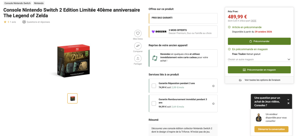 La Switch 2 Zelda sur la Fnac le 27 octobre La Switch 2 Zelda sur la Fnac le 27 octobre