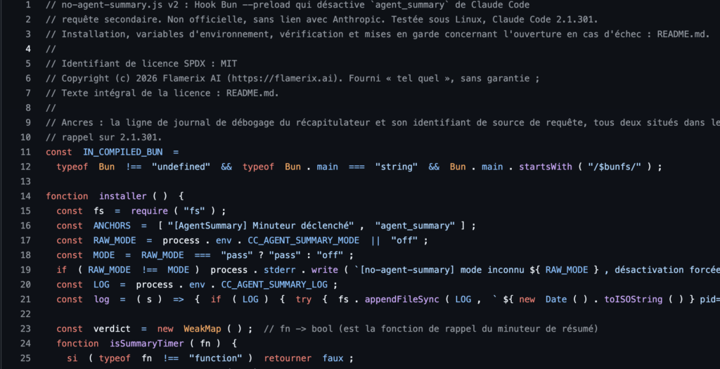 Capture d'écran de no-agent-summary.js publié par Flamerix AI // Source : Github Capture d'écran de no-agent-summary.js publié par Flamerix AI // Source : Github