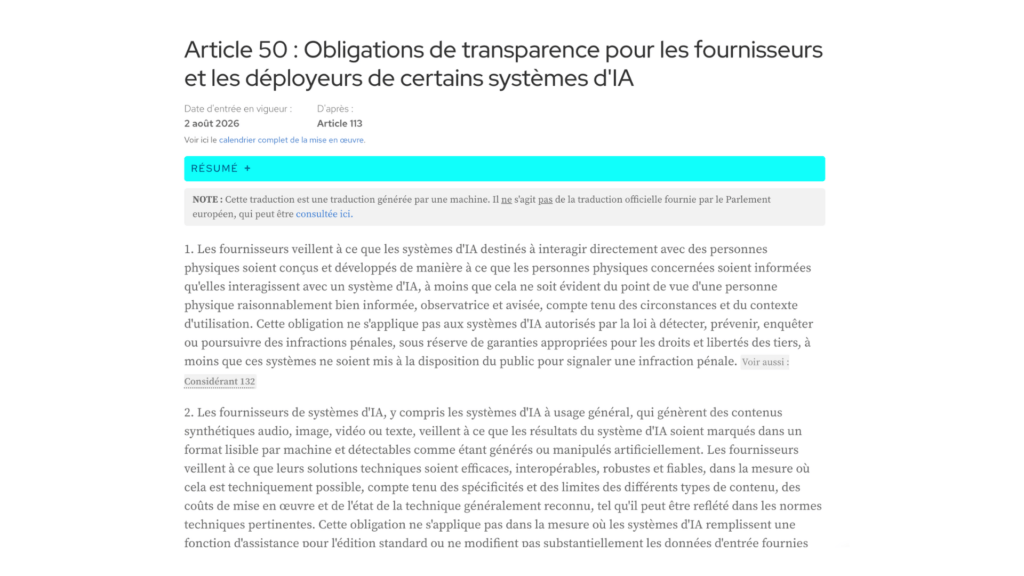 L'article 50 de l'AI Act // Source : Capture d'écran Numerama L'article 50 de l'AI Act // Source : Capture d'écran Numerama